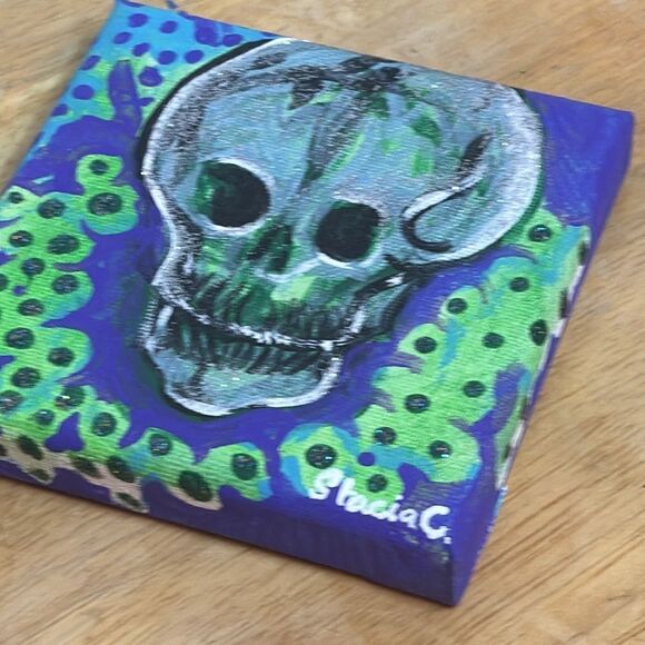 Original Acrylic Painting 4x4 Purple and Green and Silver Skull Painting - Picture 3 of 9